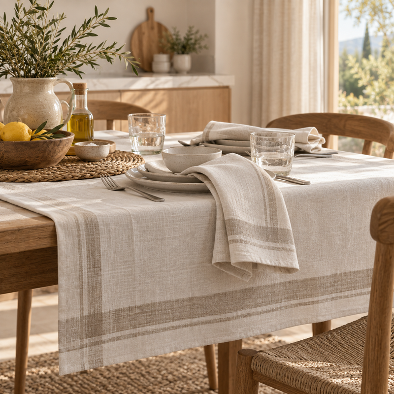 Manteles POSTA en mesa cálida con textiles neutros