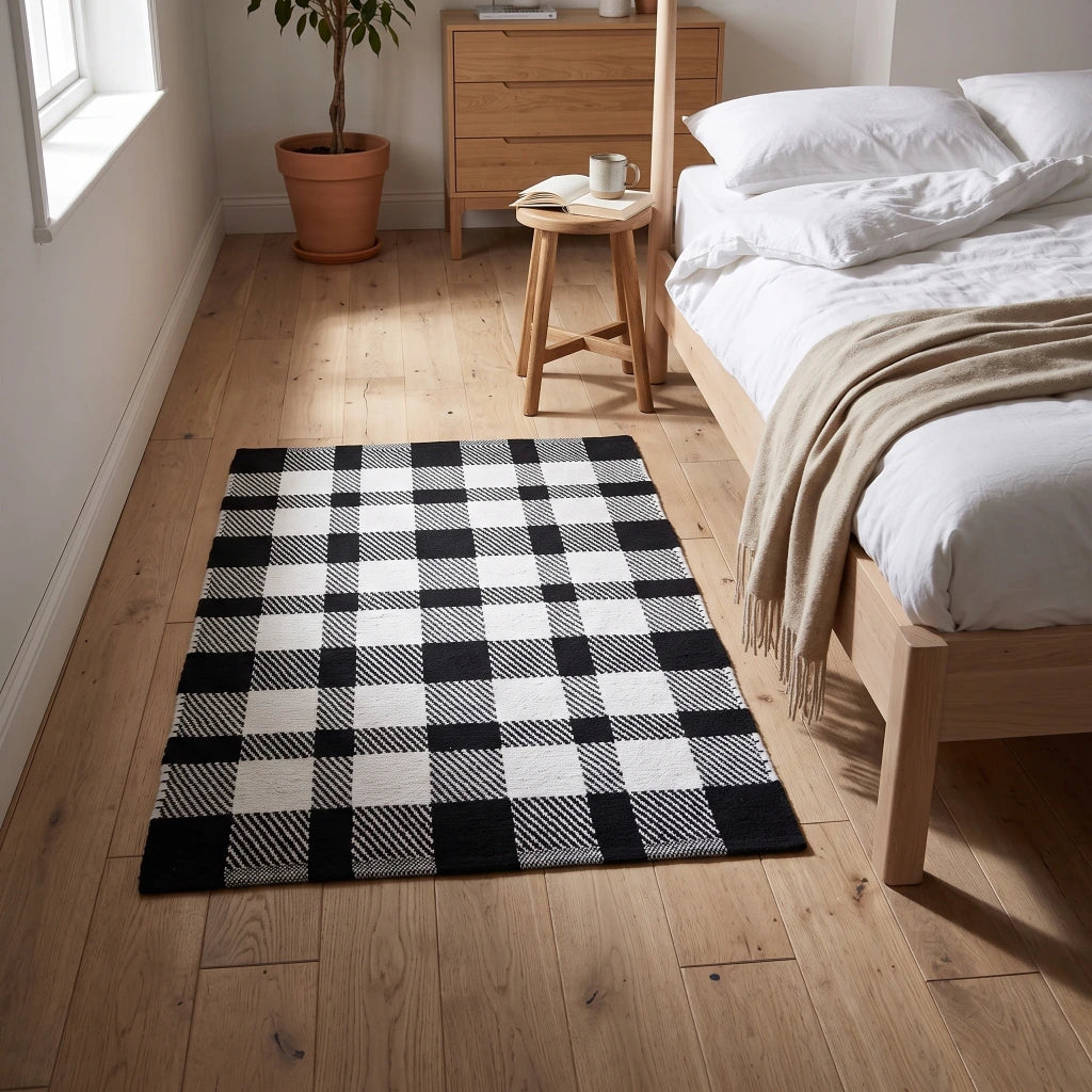 Alfombra cuadrillé blanca y negra
