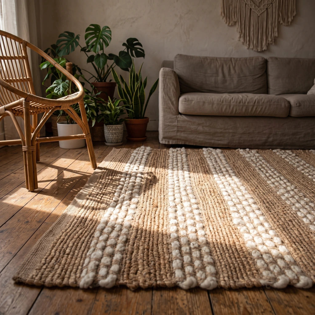 Alfombra yute y franjas algodón blanco