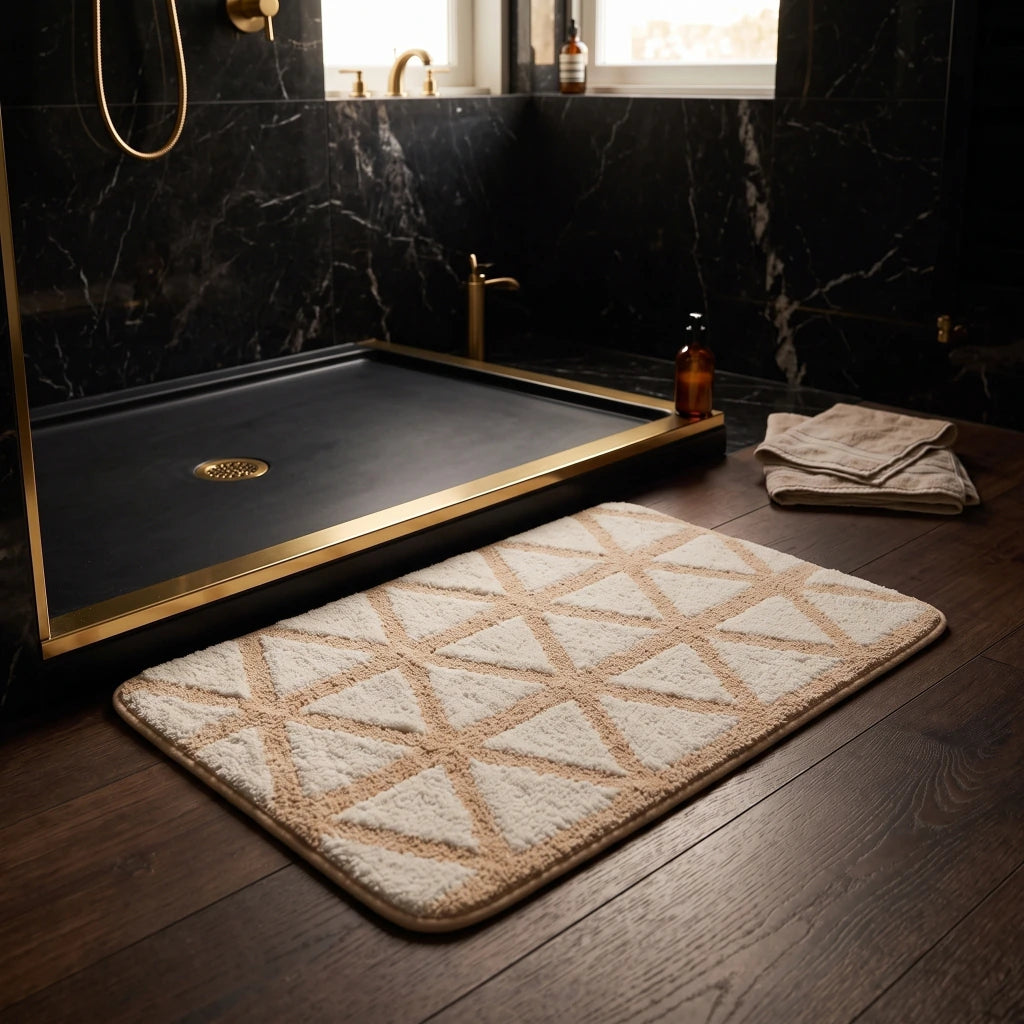 Alfombra de baño beige con triángulos invertidos