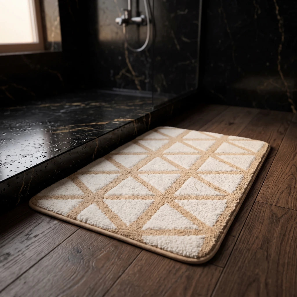 Alfombra de baño beige con triángulos invertidos