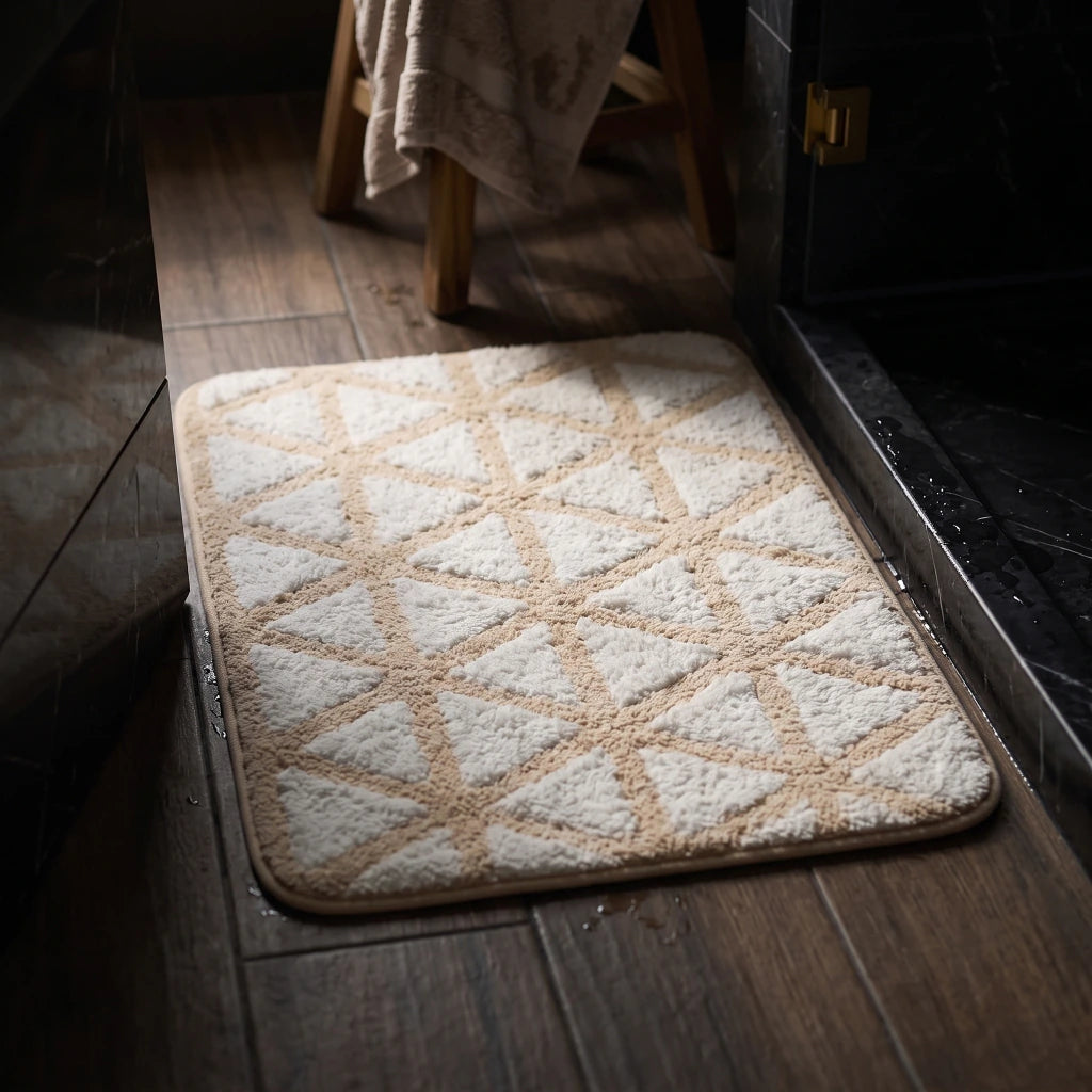 Alfombra de baño beige con triángulos invertidos