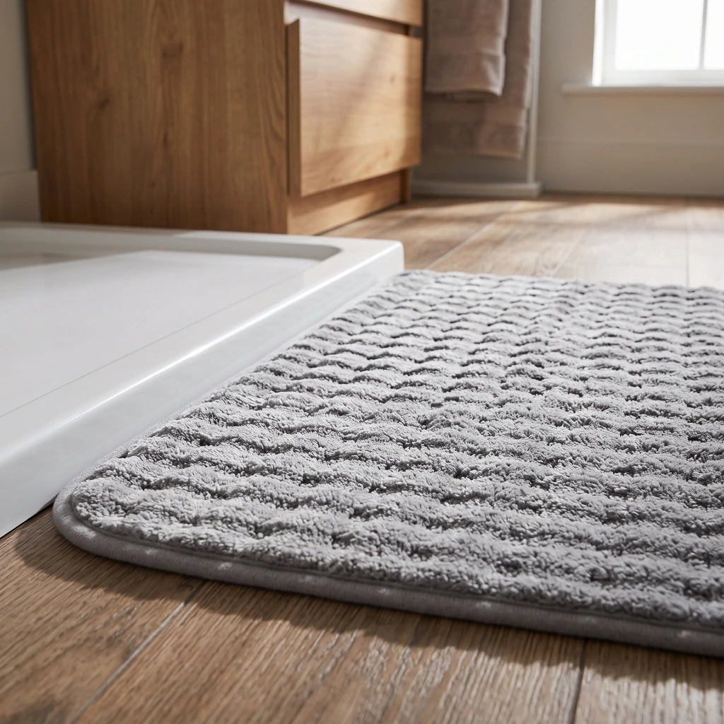 Alfombra de baño con topitos gris