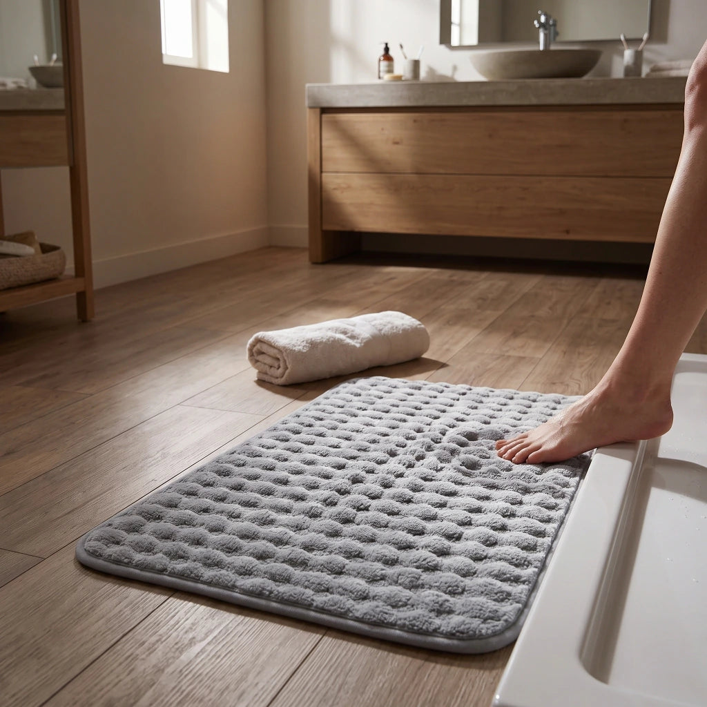 Alfombra de baño con topitos gris