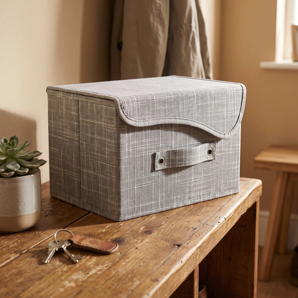 Caja plegable con asa y tapa con abrojo gris