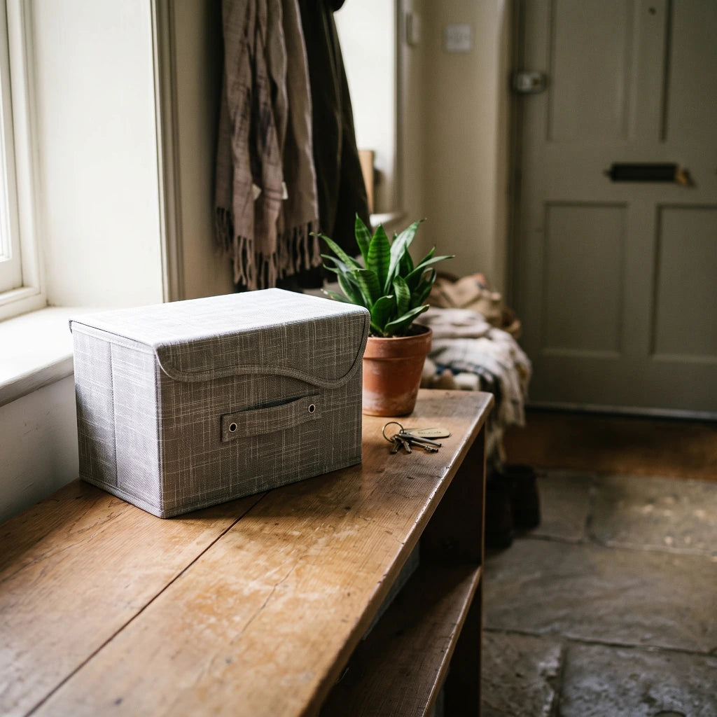 Caja plegable con asa y tapa con abrojo gris