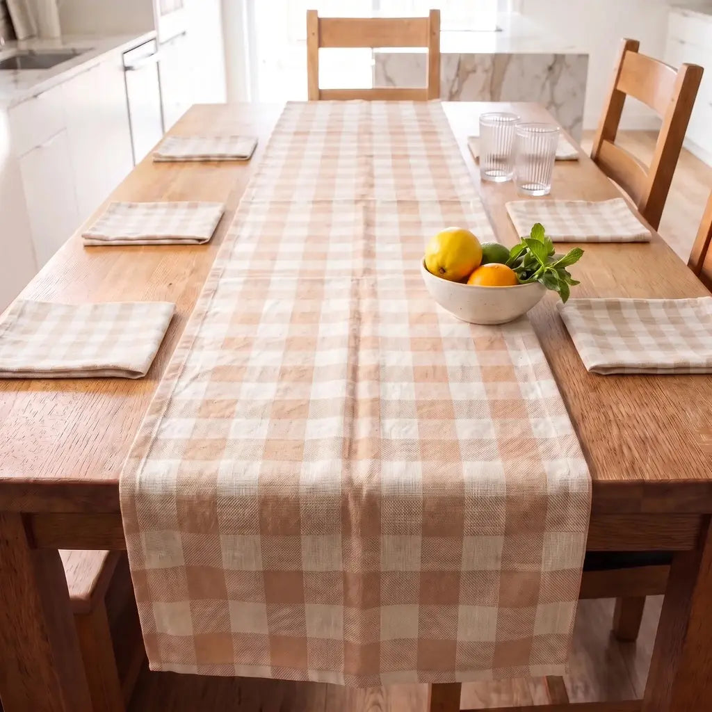 Set cuadrillé camino de mesa + servilletas AURA BLANCO