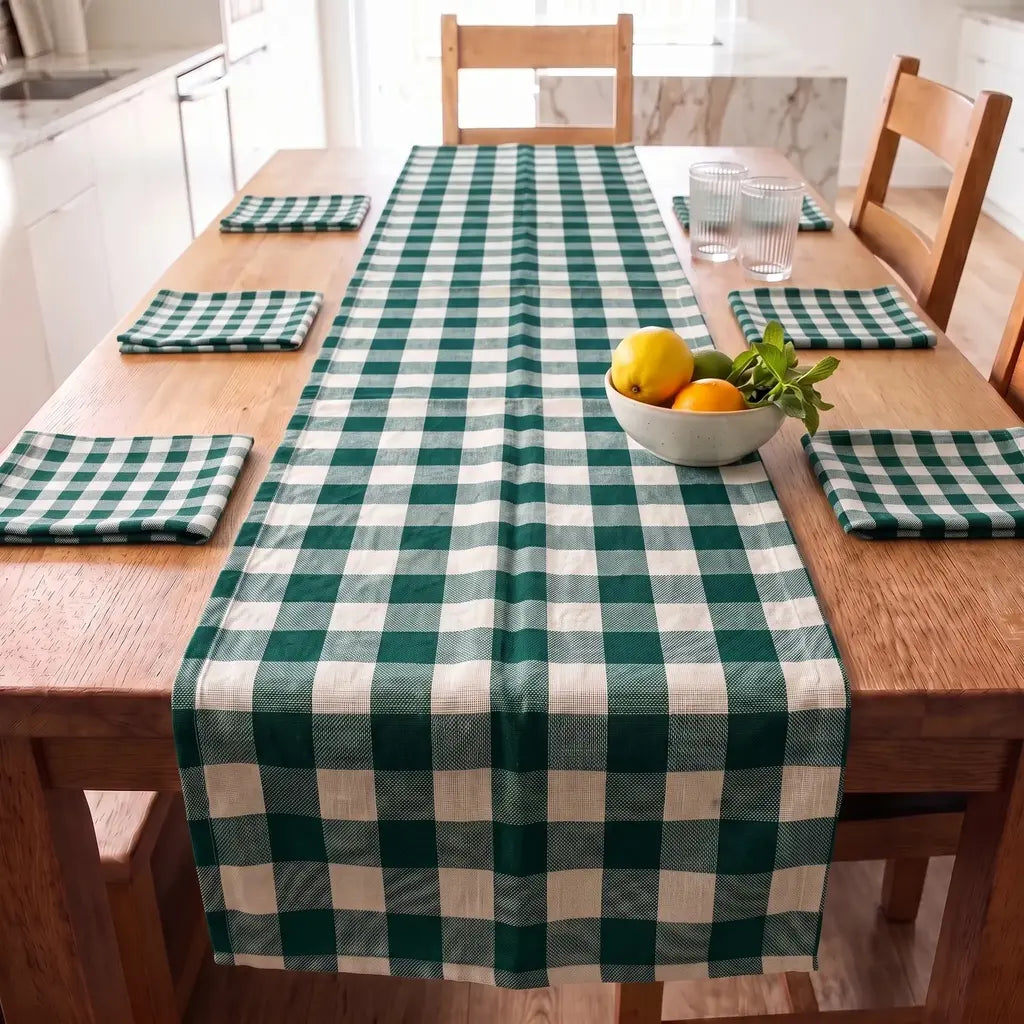 Set cuadrillé camino de mesa + servilletas AURA BLANCO