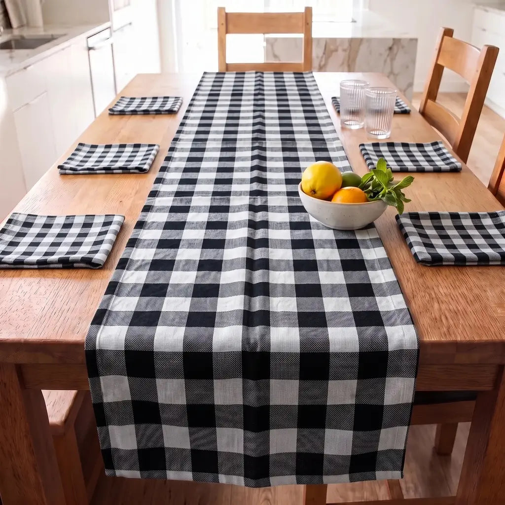 Set cuadrillé camino de mesa + servilletas AURA BLANCO