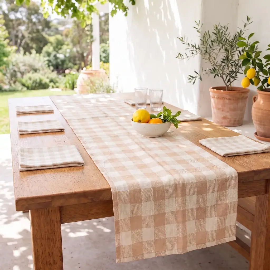 Set cuadrillé camino de mesa + servilletas AURA BLANCO
