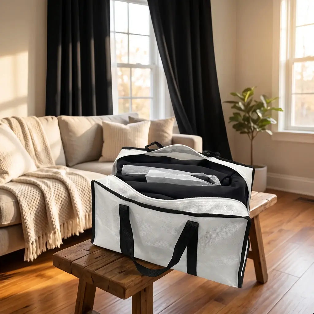 Cortina blackout textil en valija reutilizable