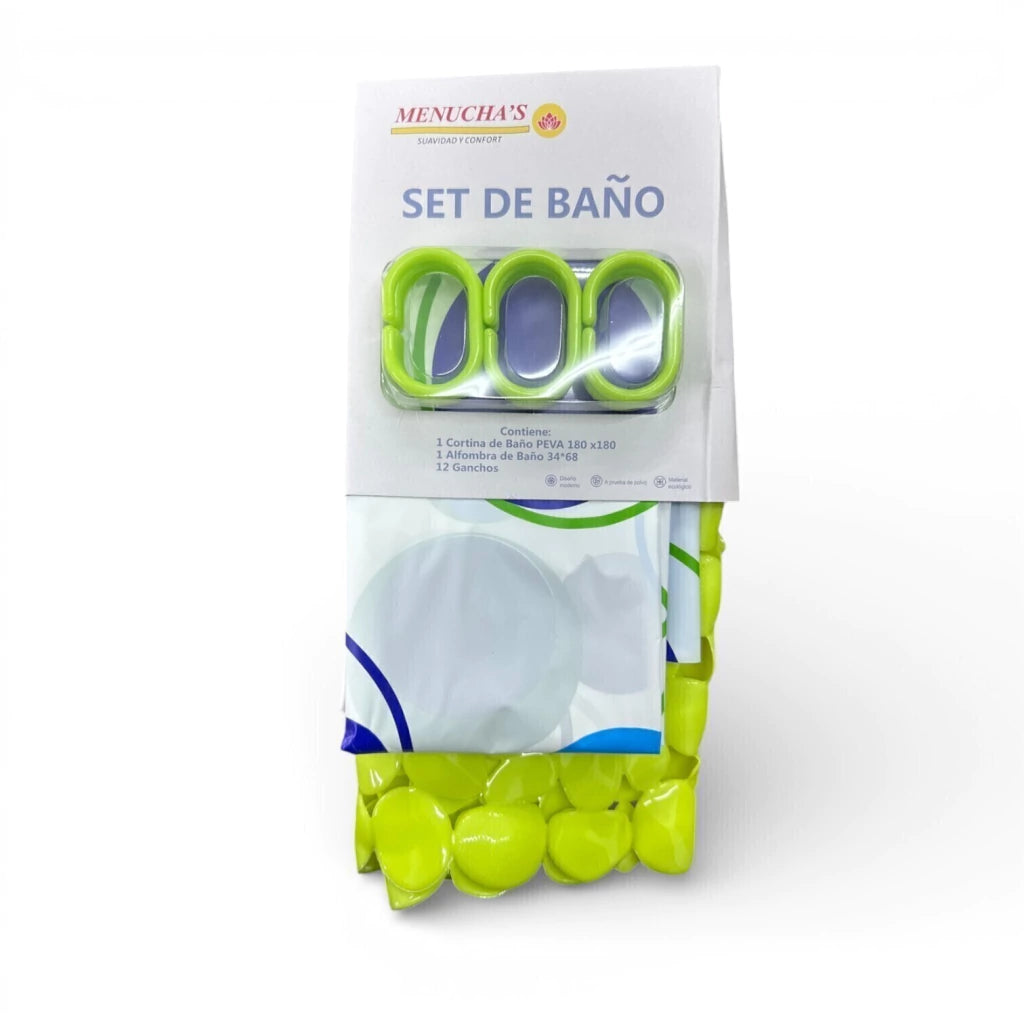 Set de baño cortina peva + alfombra pvc + 12 ganchos MENUCHA