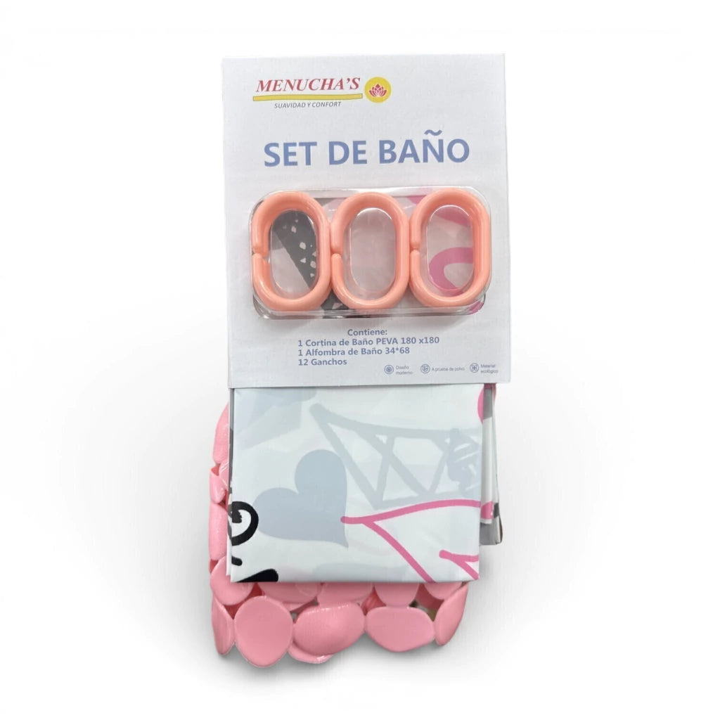 Set de baño cortina peva + alfombra pvc + 12 ganchos MENUCHA