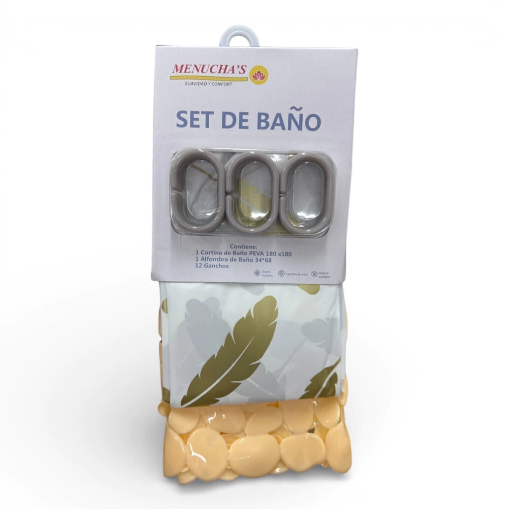 Set de baño cortina peva + alfombra pvc + 12 ganchos MENUCHA