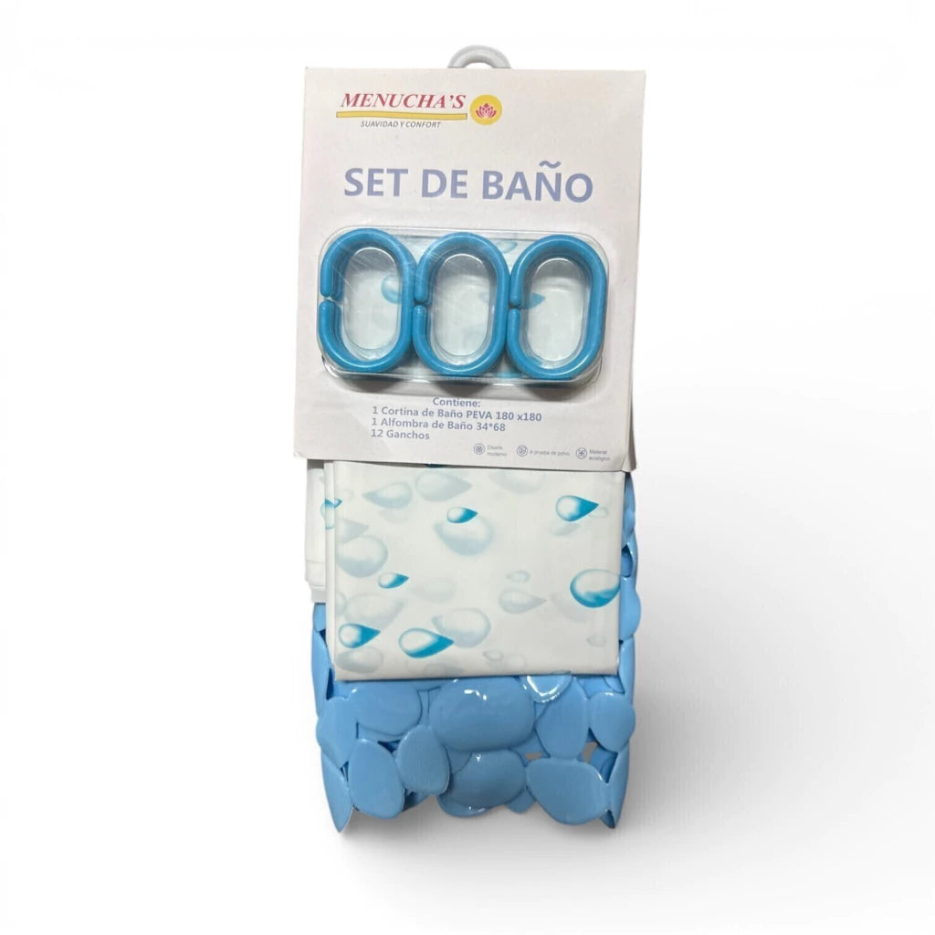Set de baño cortina peva + alfombra pvc + 12 ganchos MENUCHA