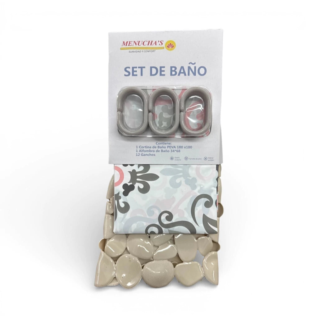 Set de baño cortina peva + alfombra pvc + 12 ganchos MENUCHA