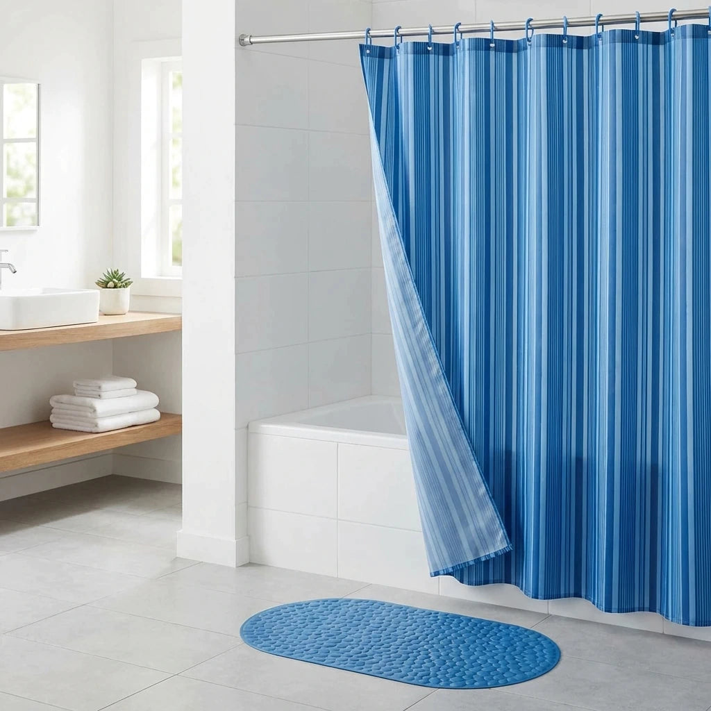 Set de baño cortina peva + alfombra pvc + 12 ganchos MENUCHA