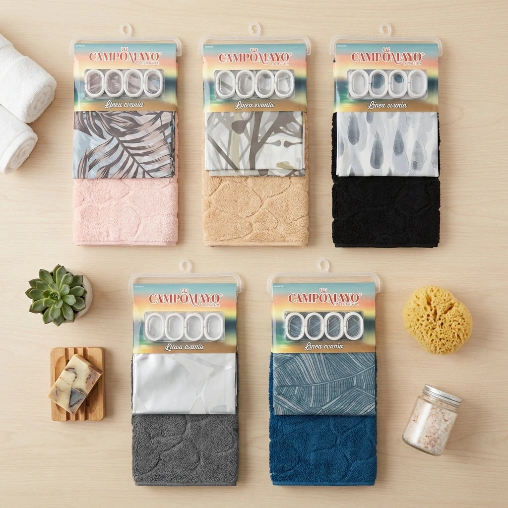 Set de baño cortina estampada + ganchos + alfombra piedras CAMPOMAYO
