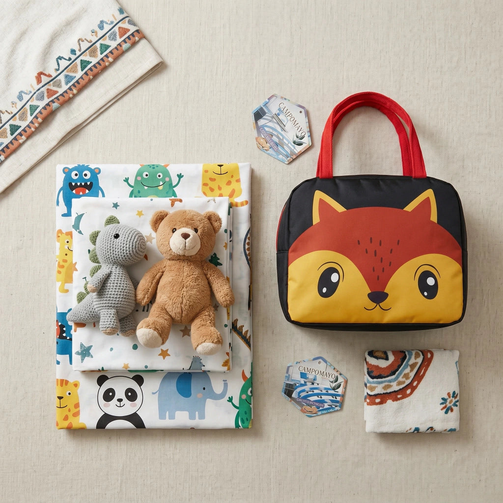 Juego de sábanas infantil estampada + lunchera térmica escolar CAMPOMAYO