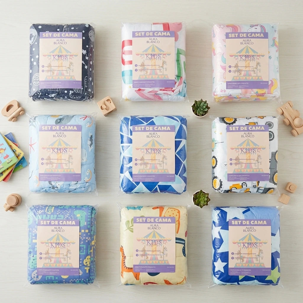 Set 4 piezas acolchado infantil + juego de sábanas AURA BLANCO