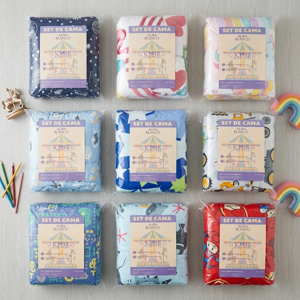 Set 4 piezas acolchado infantil + juego de sábanas AURA BLANCO