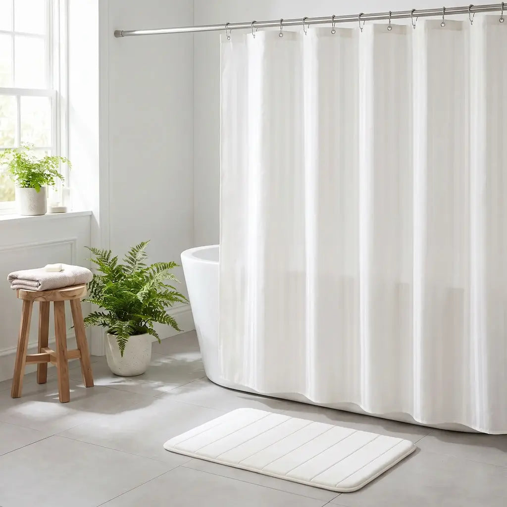 Set de baño alfombra + cortina con ganchos de metal