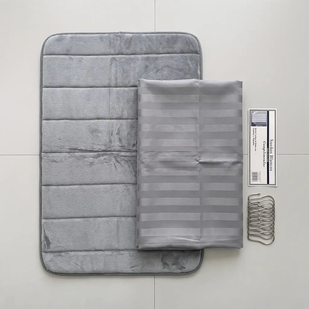 Set de baño alfombra + cortina con ganchos de metal