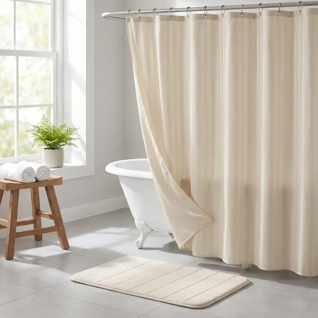 Set de baño alfombra + cortina con ganchos de metal
