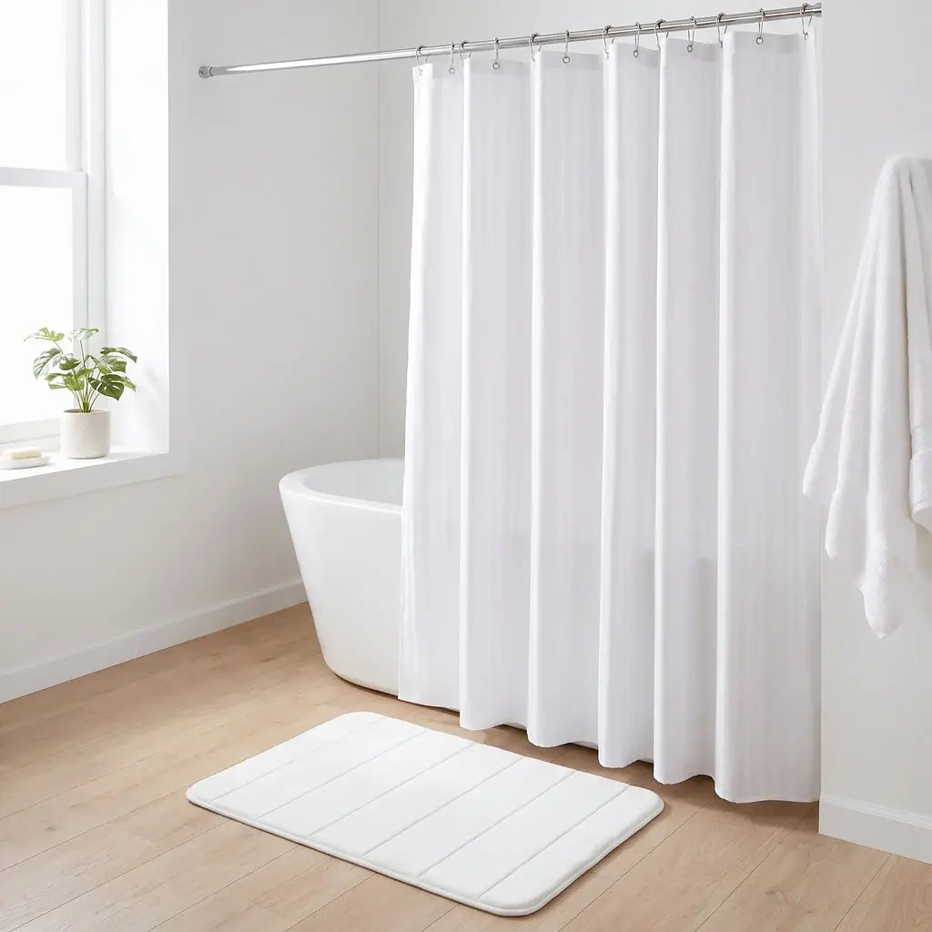 Set de baño alfombra + cortina con ganchos de metal