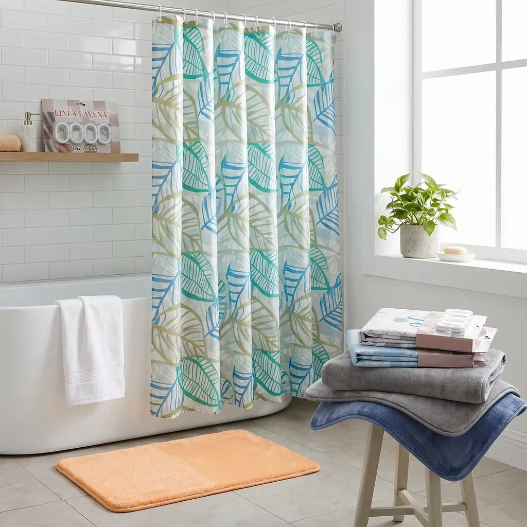 Set de baño cortina estampada + ganchos + alfombra plush