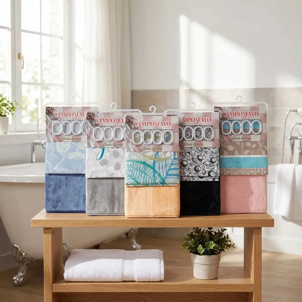 Set de baño cortina estampada + ganchos + alfombra plush