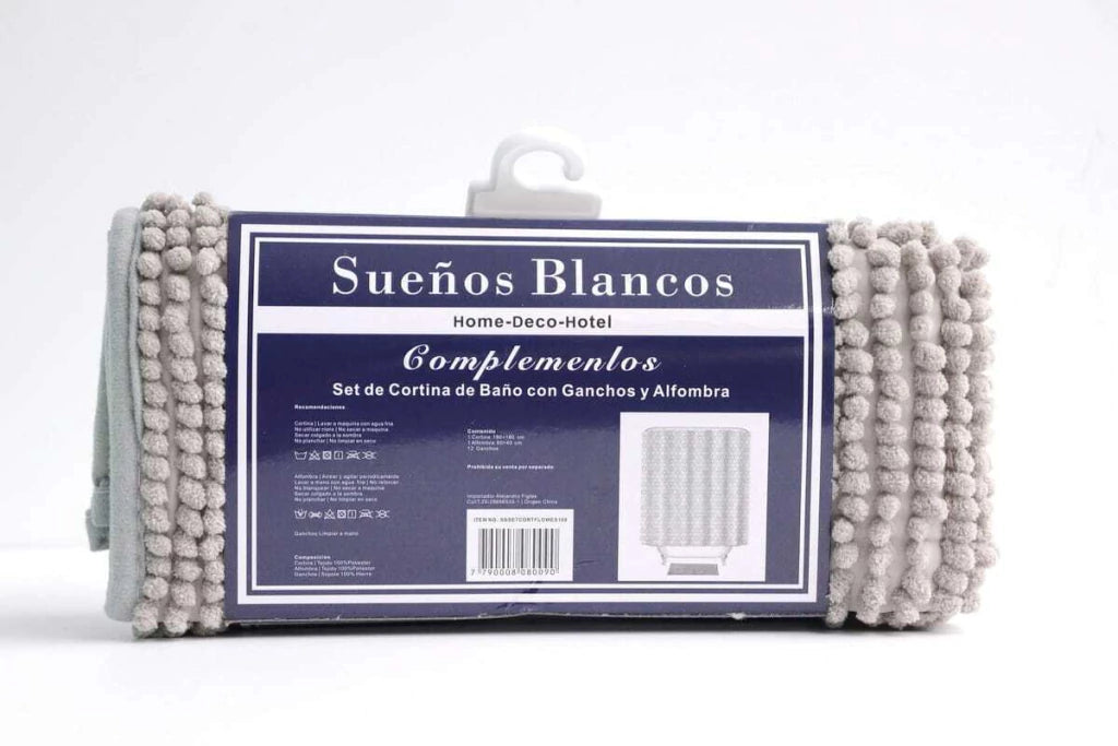 Set de baño cortina teflon + ganchos metálicos + alfombra shaggy